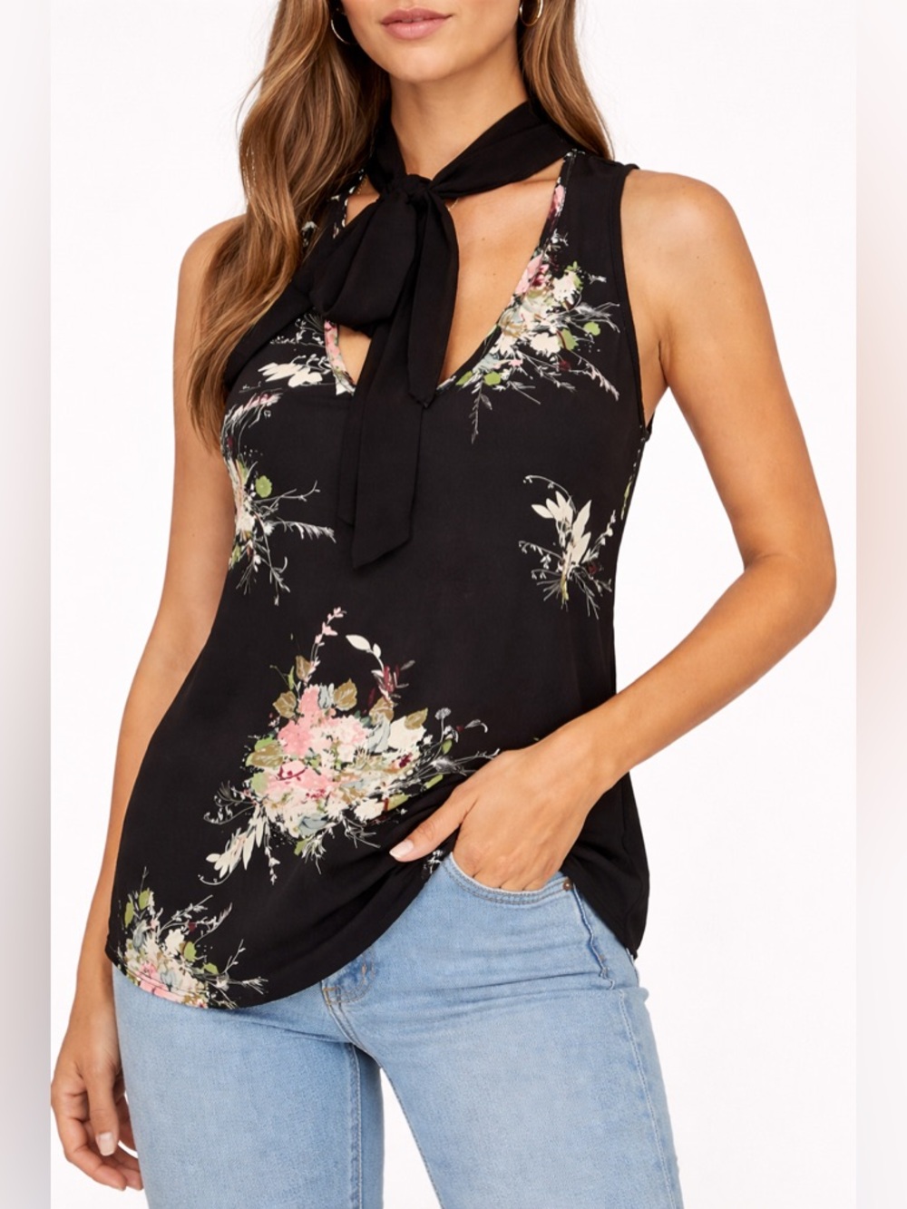 Miss Chevious Black Floral Tie Neck Sleeveless Blouse Size S